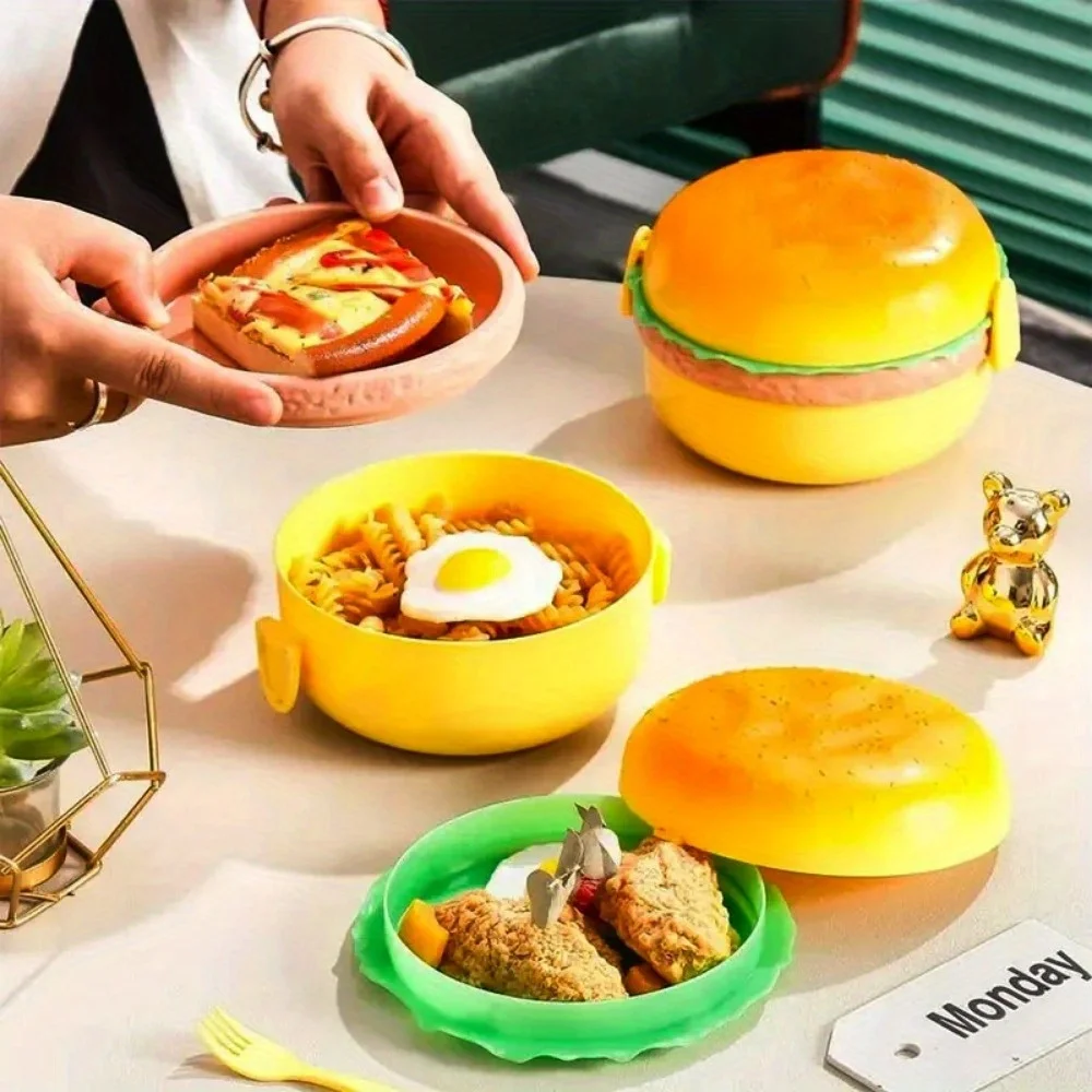 1PC Hamburger Lunch Box Double Tier Cute Burger Bento Box Meal Food Container Fork Tableware