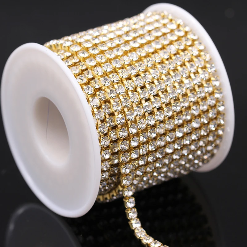 10Yards/lot ss6-ss18  dense Crystal rhinestone chain close crystal in gold  base Cup chain for clothing ornament accessories