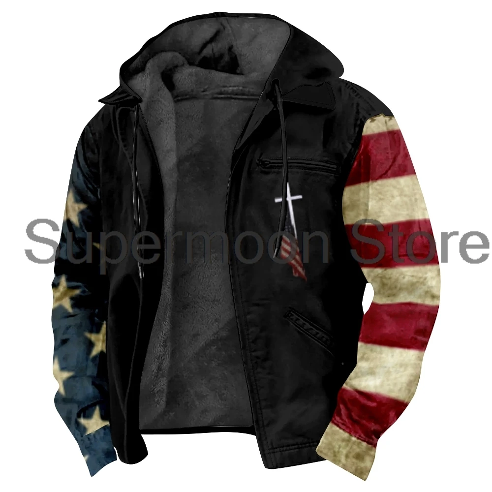 Men's Vintage American Flag Zipper Hoodie Unisex Long Sleeve Streetwear Women Jacket Parkas Winter Coat