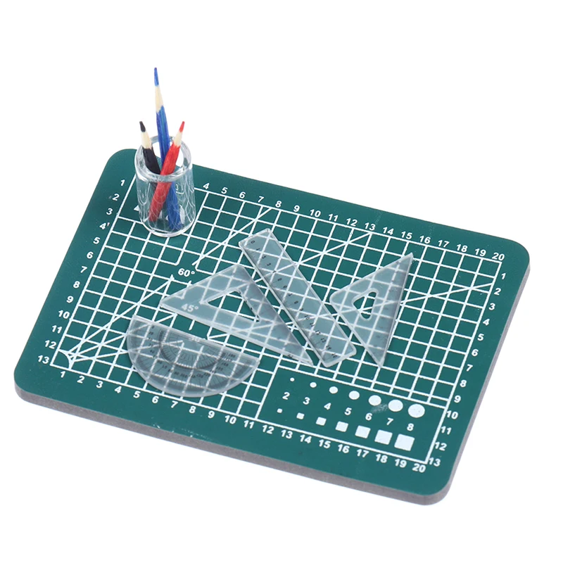 1 Set 1:12 Dollhouse Miniature Cutting Mat Ruler Pencil Pen Holder Set Doll Home Decor Pretend Play Dollhouse Toys