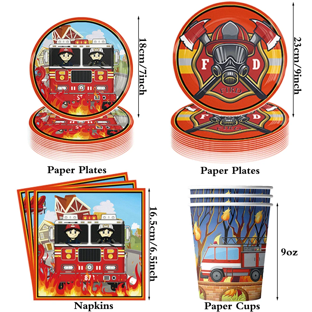 Firefighter Birthday Decorations Fire Engine Themed Tableware Plates Cups Napkins Banner Balloons Boys Fire Truck Party Supplies