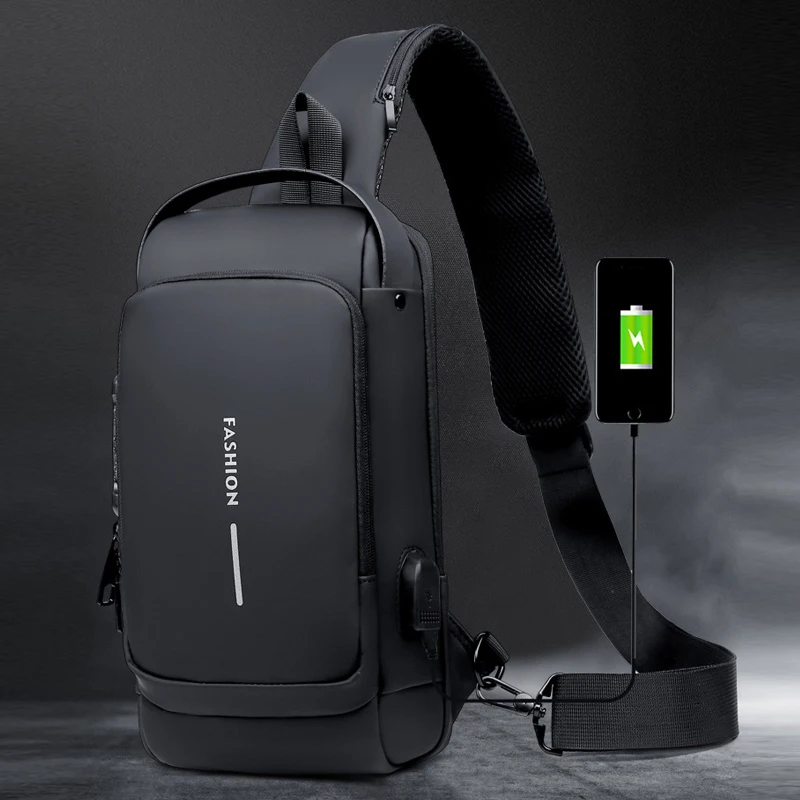 

Multifunction Patent Leather Chest Bag Men Waterproof Crossbody Bag Anti-theft Travel Shoulder Bag USB Charging Sport Sling Pack