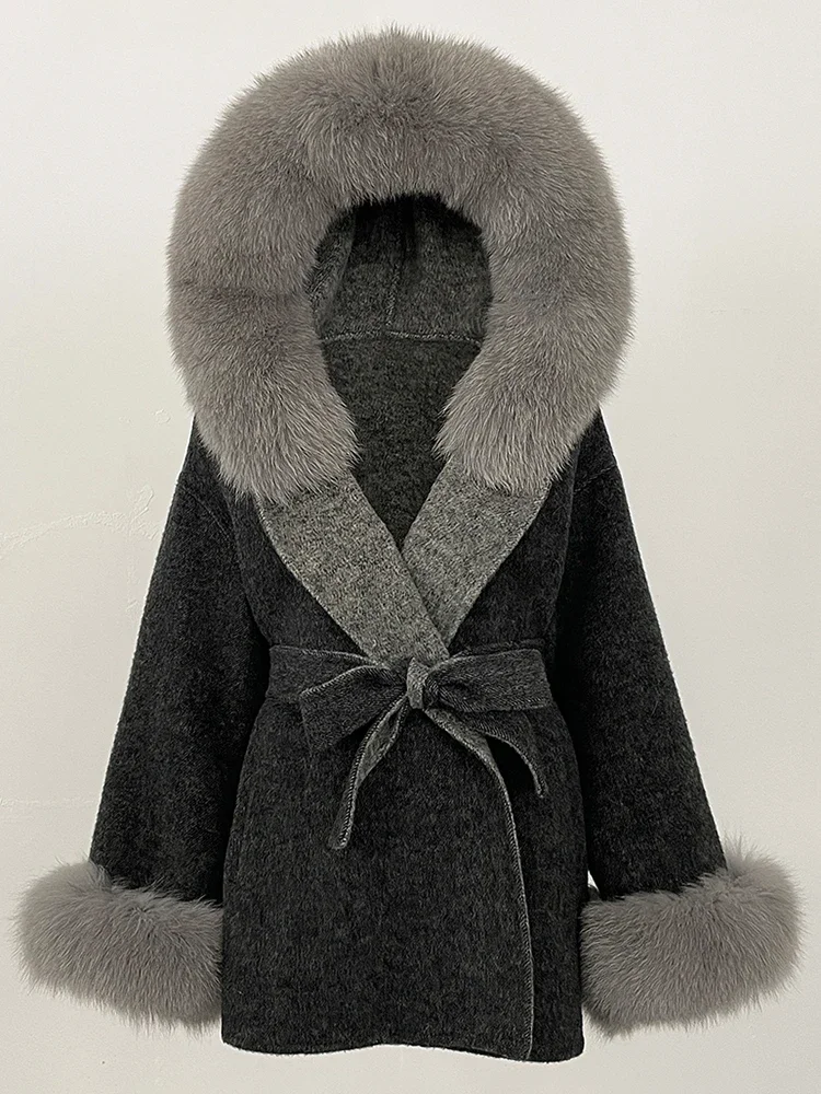 2025 Lady Nautural Fox Fur Woolen Jacket Womens Winter Clothing Hooded Commute Real Fur Wool Coat Female Fashion Clothes