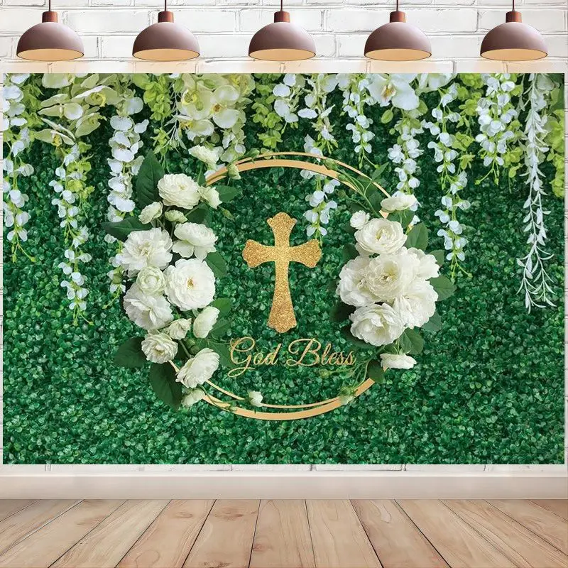 God Bless Backdrop Baptism Party First Holy Communion Christening Banner Decor Flower Baby Shower Background Photo Booth Props