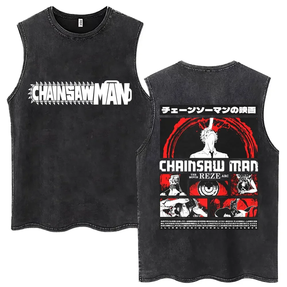 Washed Japanese Anime Chainsaw Man Tank Tops Men Women Fashion Vintage Cartoon Sleeveless T Shirt Oversized Cotton Casual Vests