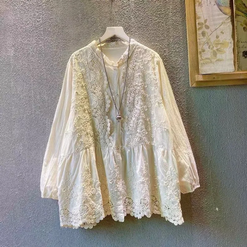 

Juspinice Embroidered Hollow Long Sleeved Doll Shirt 2025 Women's Spring New Korean Version Casual Loose Top Female Clothing