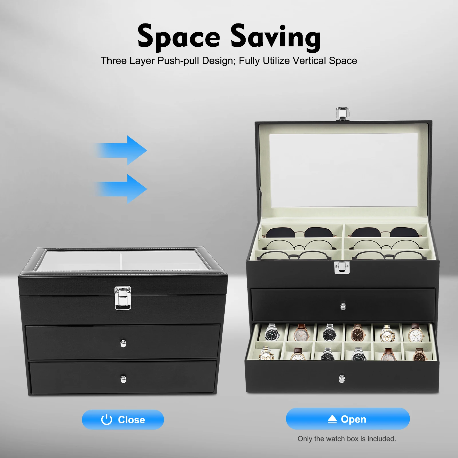 24Well-designed Compartments Watch and Glasses Storage Case, Decoration Display Box with Glass Lid for Glasses, Watches, Jewelry