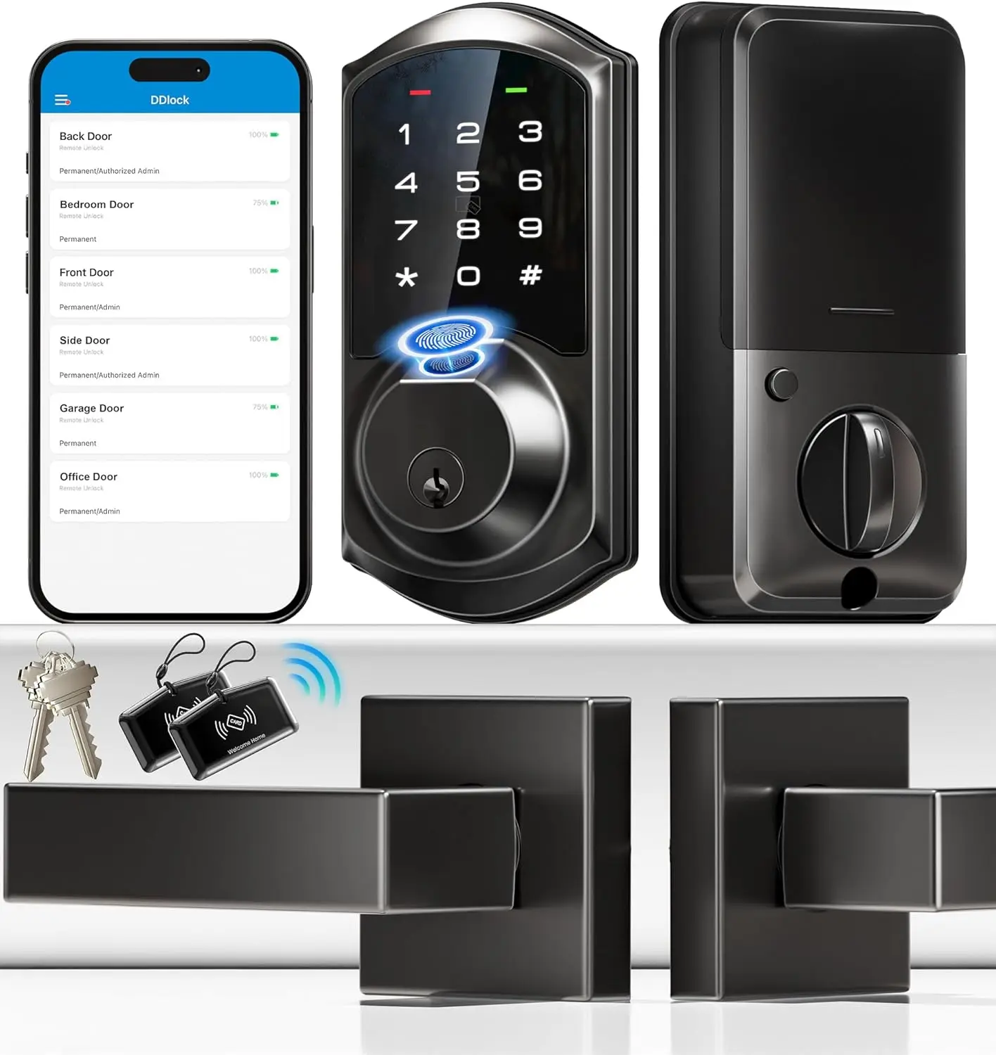 Fingerprint Smart Locks for Front Door with 2 Lever Handle Set, App Control, Keyless Entry, Electronic Digital Keypad Deadbolt