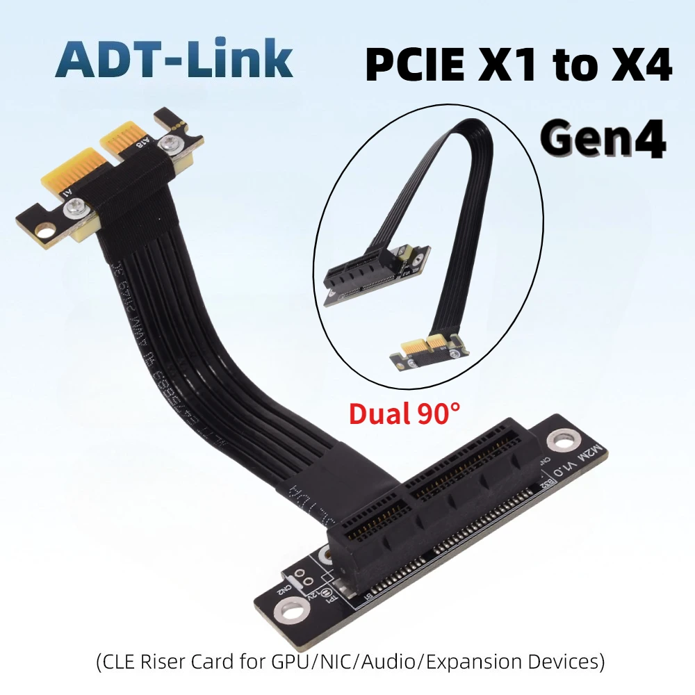 ADT M12SF PCI Express 4.0 x4 To x1 Riser Ribbon Cable Graphics Card PCI-E 1x To 4x Extension Cable Dual 90 Degree Riser Extender