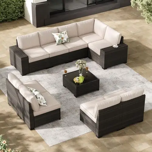 

10-Piece Patio Furniture Set, All-Weather Outdoor Wicker Sectional Sofa with Cushions, Glass Table & Left and Right