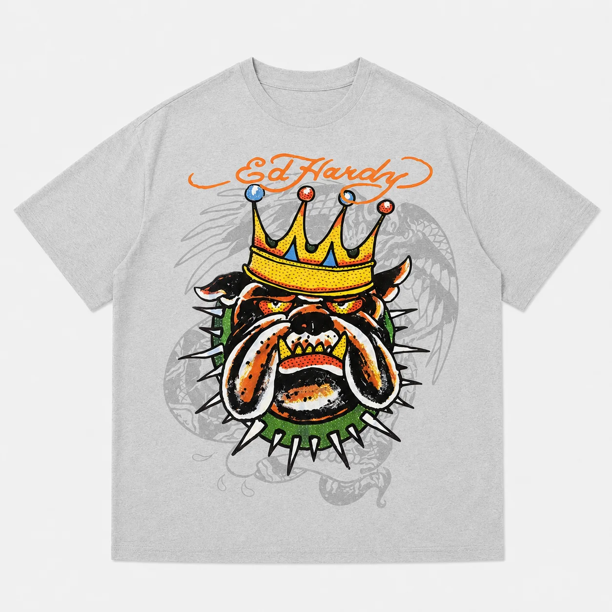 Ed Hardy T-Shirt mit gekrönter Bulldogge, Stachelkragen, Drachensilhouette, Old-School-Tattoo, Retro-Street-Grafik, Unisex, Oversized, Baumwolle – Detail 5