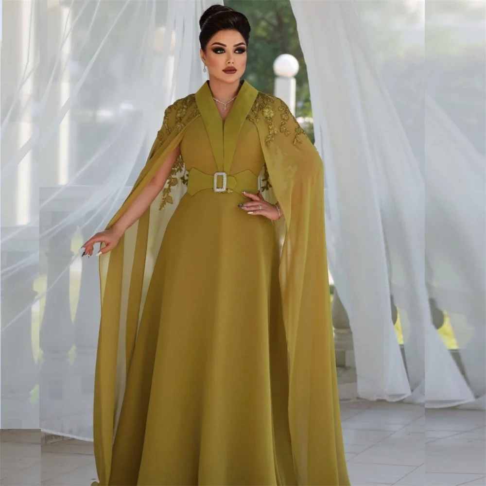 

Formal Evening Gown V-neck A-line Floor Length Applique Tulle Stole Bespoke Occasion DressesProm Dress Saudi Arabia