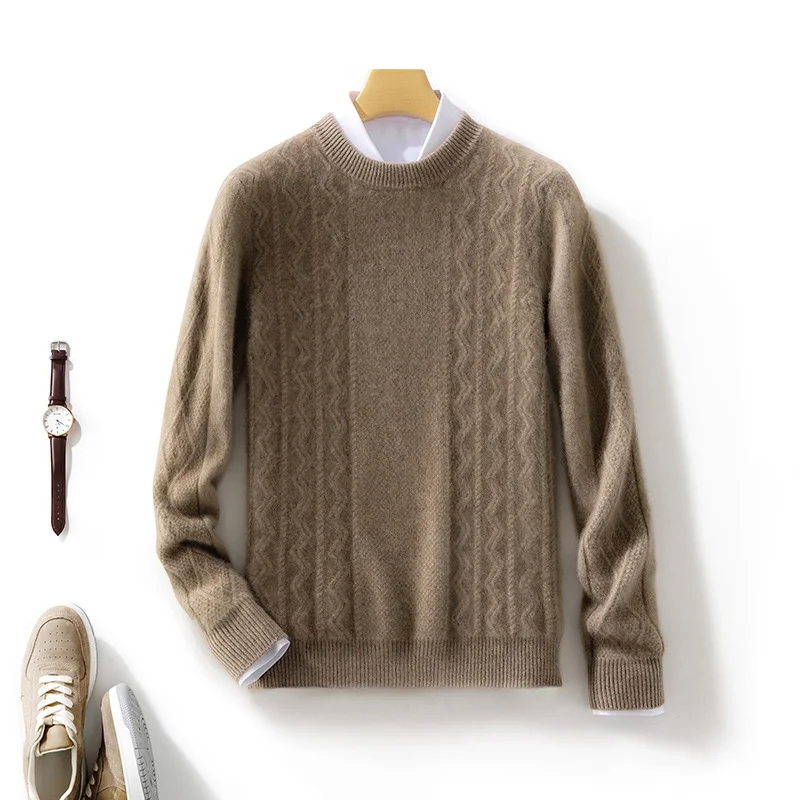 Autumn Winter New Cashmere Sweater 100% Wool Men\'s Sweater Round Neck Knitted Pullover Casual Honeycomb Men\'s Clothing