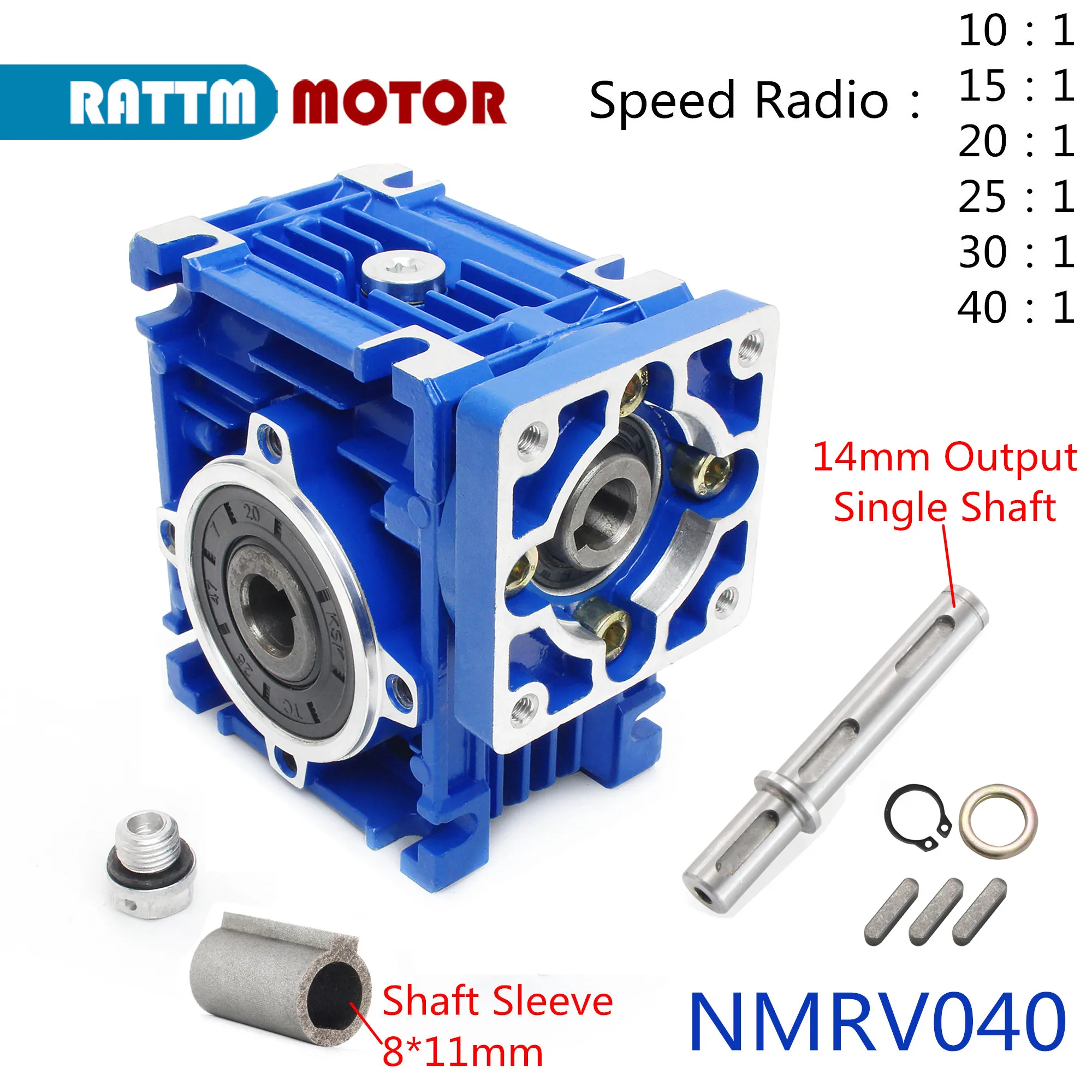 

NMRV040 Gearbox Reducer Worm Gear Ratio 5:1 to 100:1 for Nema 24 Stepper Motor+14mm Output Single Shaft+8 to 11mm shaft sleeve