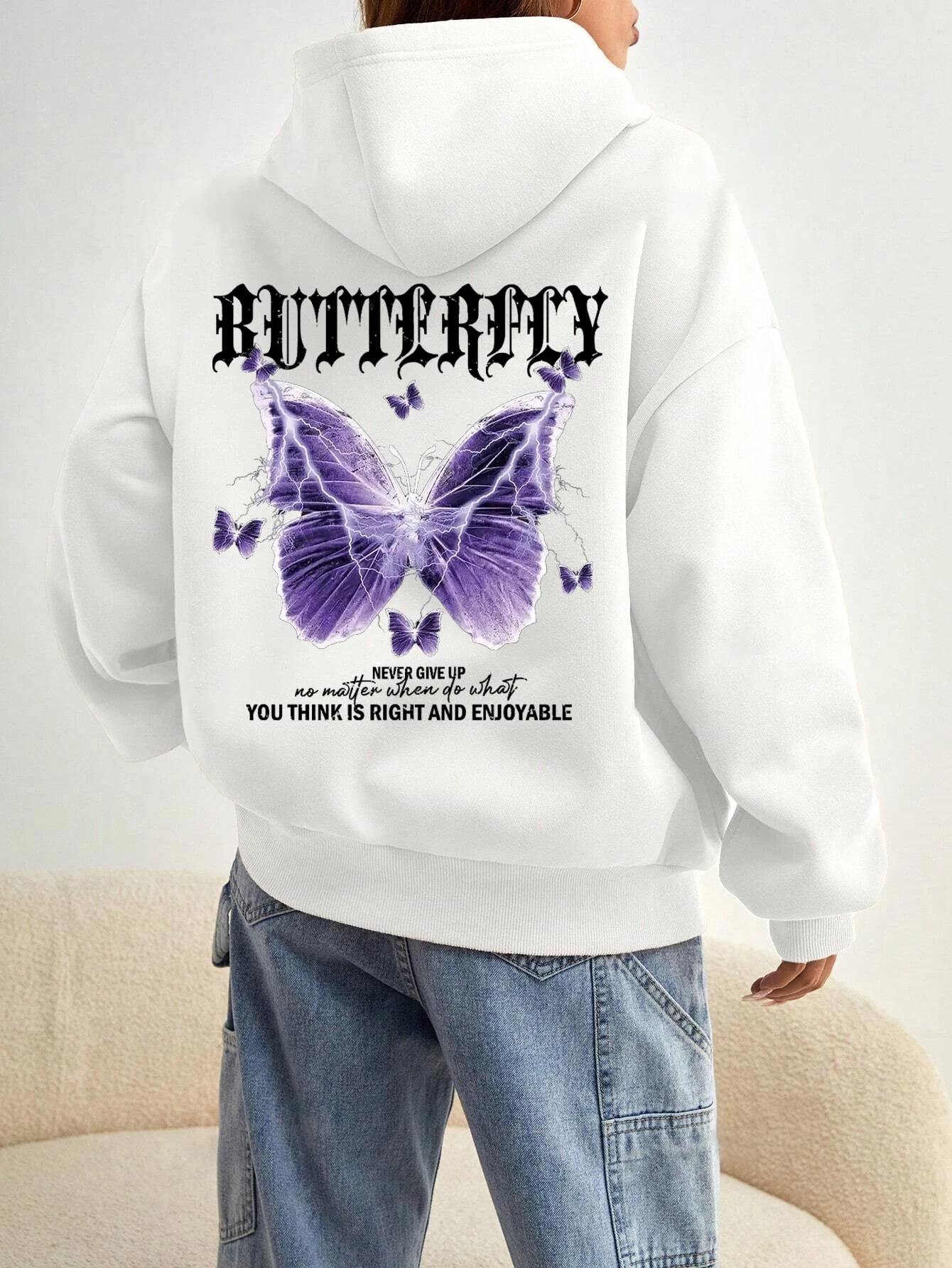 Rose Butterfly Impossible Letter Graphic Print Women Sweatshirt Fashion Warm Hooded Loose Casual Hoodies Fleece Soft Clothing