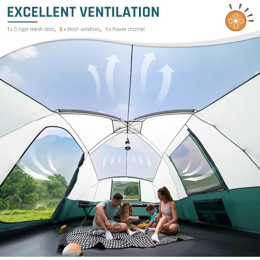 8 10 11 شخص خيمة تخييم مع الشرفة خيام عائلية كبيرة للتخييم PU1000MM خيمة مقاومة للماء مع 5 نوافذ شبكية قابلة للإزالة Ra