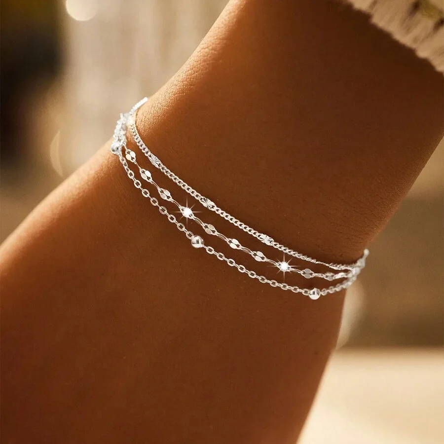 Pulseras de cadena de Plata de Ley 925 chispeantes para mujer, pulsera elegante de lujo con cuentas geométricas de tres capas, joyería para fiesta y boda