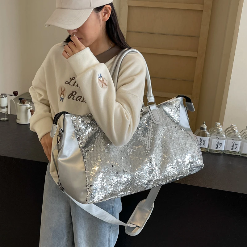 Big Sequin Shoulder Bags for Women 2024 Y2K Party Designer Korean Fashion Handbags and Purses Travel Tote Bag with Short Handle