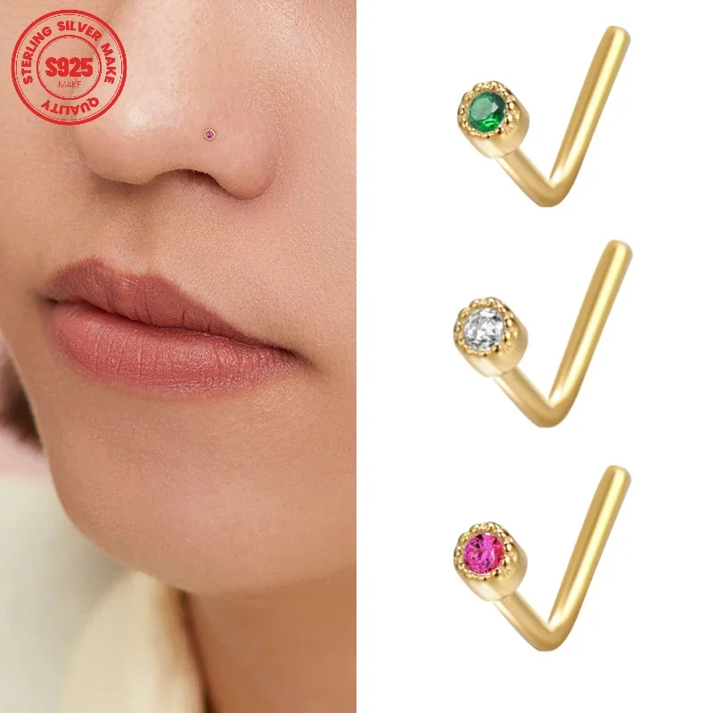 925 Sterling Silver L Rod Zircon Color Nose Mouth Body Piercing Women Men HipHoop Fashion Punk S925 Y2k Youth Puncture Jewelry