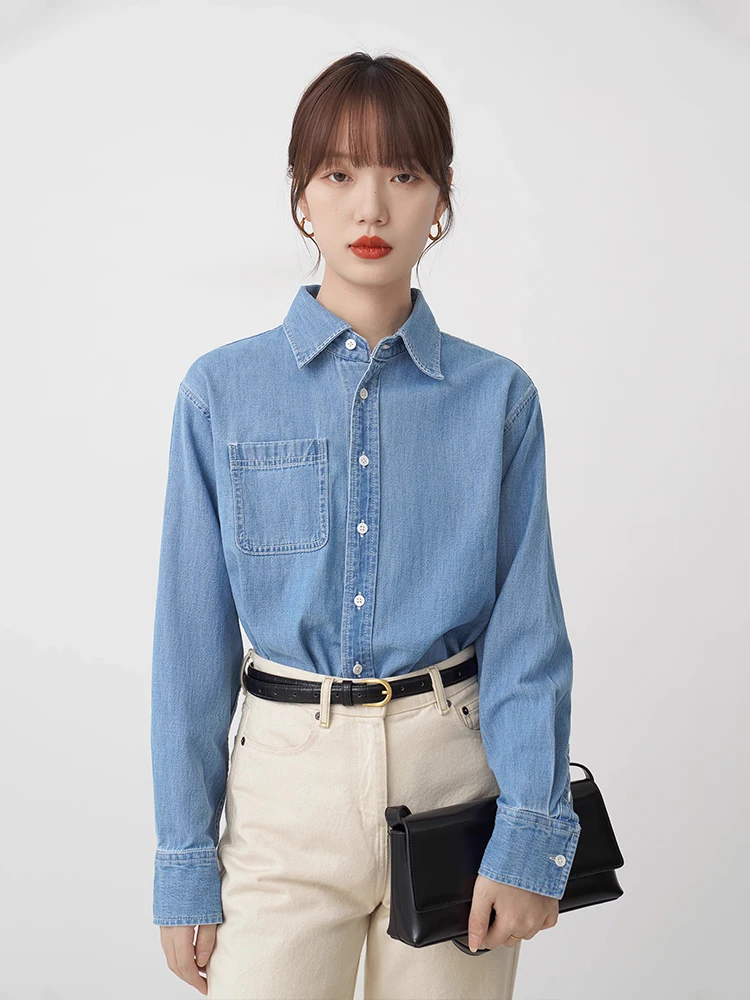 

Blue Soft Denim Shirt Women's New Style Spring Autumn Top Small Size Layering Inner Wear Base Shirt Coat Winter