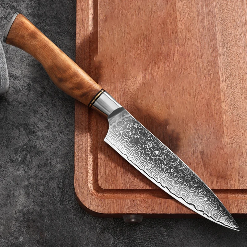 

5,2-дюймовый универсальный нож, 67-слойный дамасский порошок, стальное лезвие, сапеле, деревянная ручка, овощечистка стейка, барбекю, скалыватель, кухонные ножи