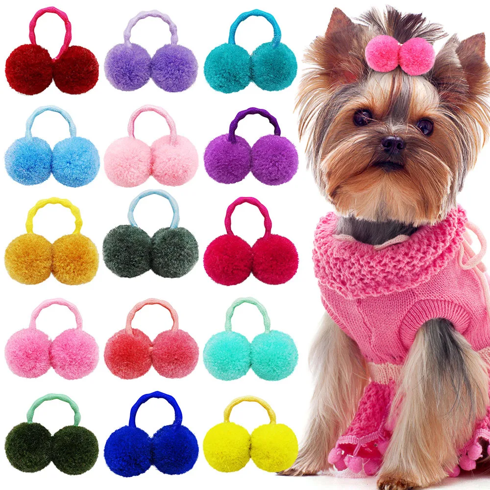 20pcs New Dog Double Plush Elastic Solid Hair Ball Pets Grooming Bows for Small Dogs Cat Bows Dog Hair Accessories Wholesale