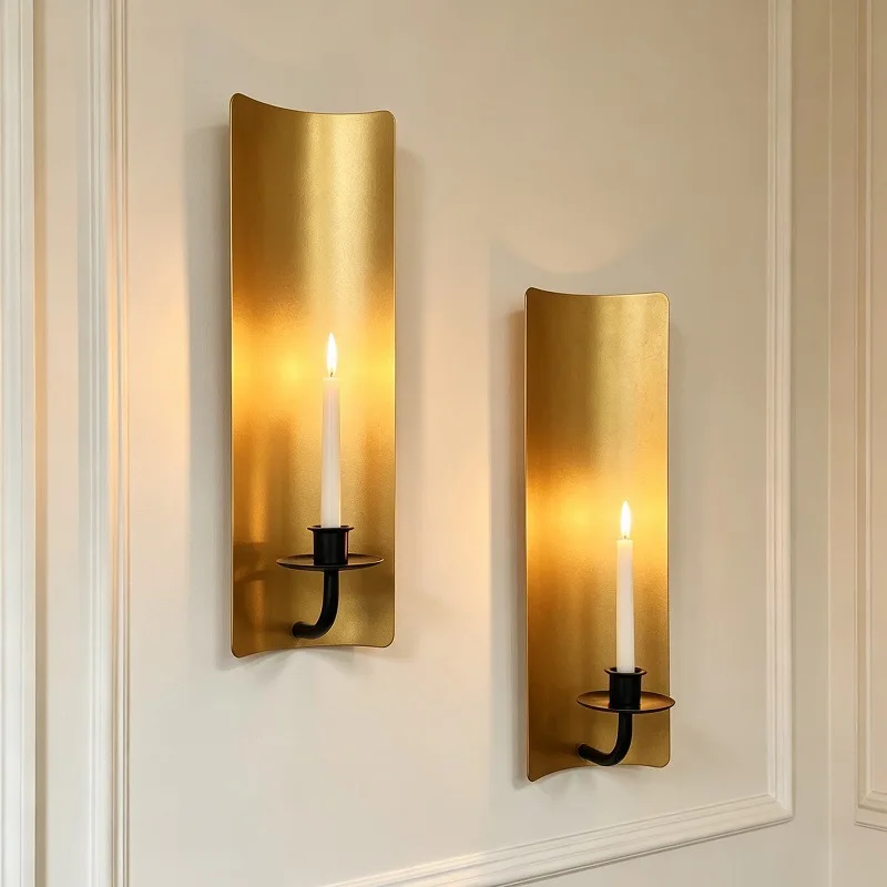 European Vintage Gold Wall Mounted Candle Sconce Wrought Iron Candle Holder Cup for Living Room Wall Bedroom Home Art Decor