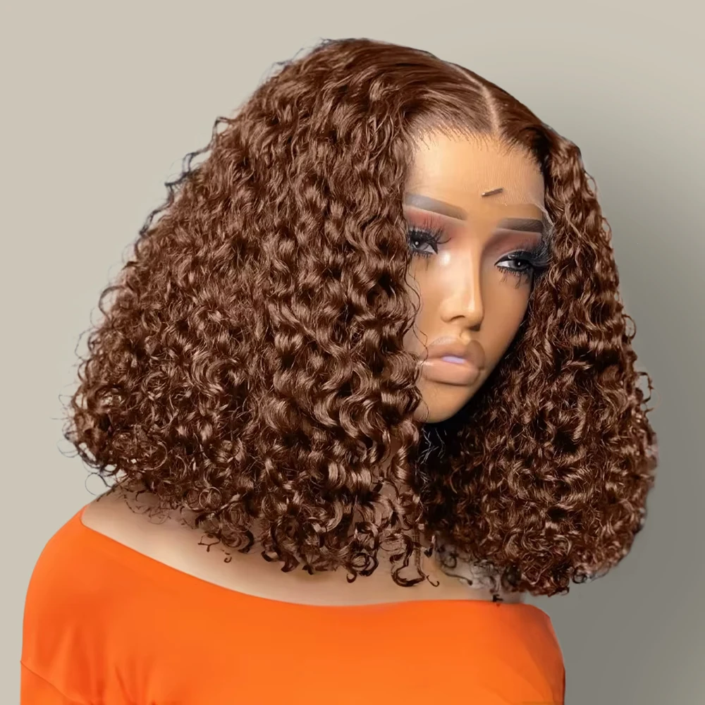 

#4 Deep Curly Short Bob Wigs Human Hair Colored 13×4 Lace Front Human Hair Wig Chocolate Brown 250% Density Kinky Curly Bob Wigs