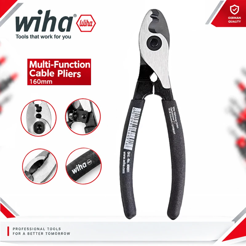 Wiha 46691 160mm Black Forest Multi Cable Plier Dual-Hole Wire Stripper Cutter Reversible Handle for Electrician Wiring Work
