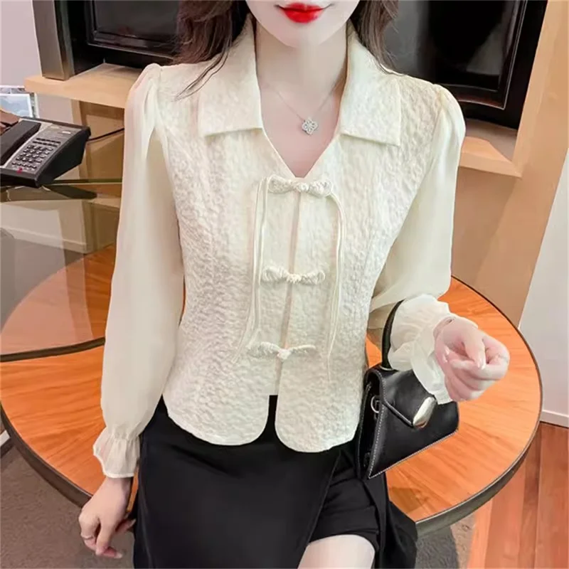 Chinese Style Chiffon Shirt Button Shirt Women\'s Long Sleeved Spring AutumnThin Waist Tightening And Slimming Top WhiteShirt