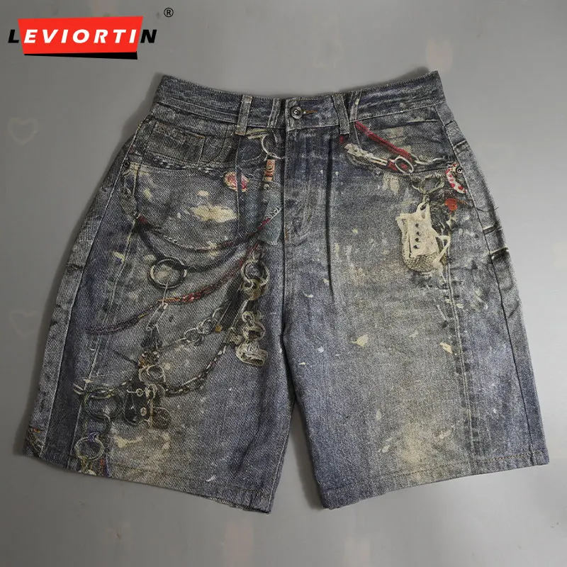 

High Street Men Denim Shorts Wash Cotton Vintage Printed Casual Five Points Jeans Shorts Summer Loose Streetwear Man Short Pants