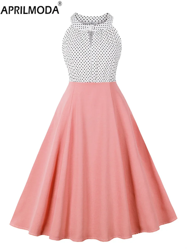 2025, Sommer, ärmellos, Neckholder, lässig, Patchwork, Damenkleid, elegant, rosa, blau, grün, gepunktet, Midi-Laufsteg, kurze Kleider