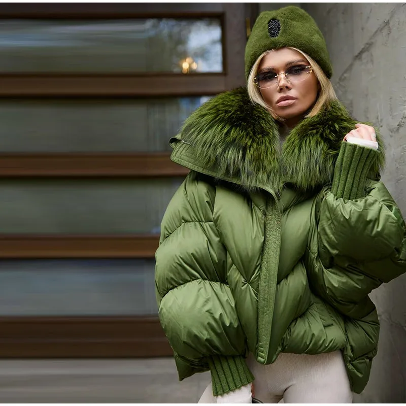 Warm Fur Collar Cotton Coats Women's Green Lapel Zipper Full Sleeve Padded Jacket Overcoat 2026 Winter New Lady Loose Streetwear