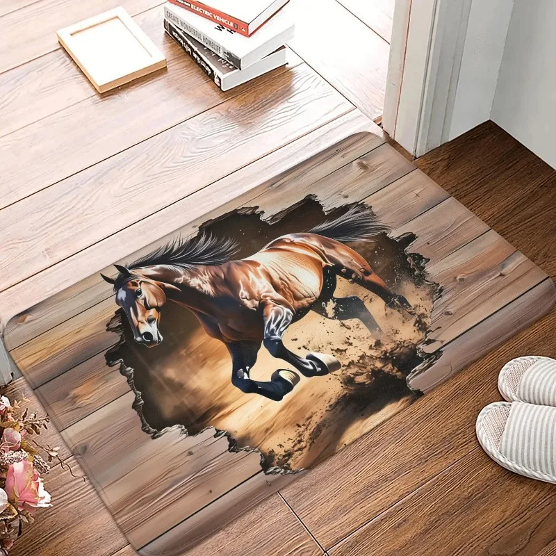 3D Running Horse Door Mat with Wooden Texture Design Non-slip Entrance Rug for Home Decor Living Room Bedroom Dynamic Decoration
