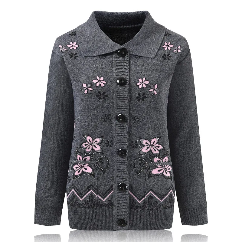 Print Mother Sweater Cardigan Top 60-80 Years Old Middle-Aged Elderly Women\'s Woolen Jacket Spring Autumn Knitted Shirt