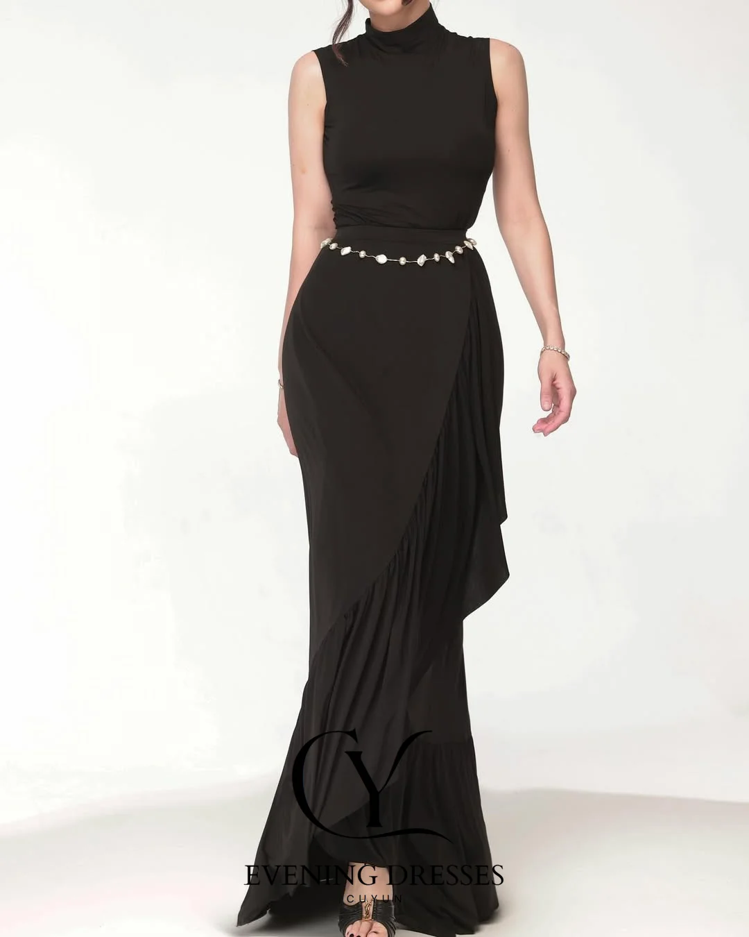 فساتين سهرة أنيقة بحورية البحر باللون الأسود من CUYUN بياقة عالية مكشكشة للحفلات الراقصة للنساء فساتين حفلات أعياد الميلاد المخصصة