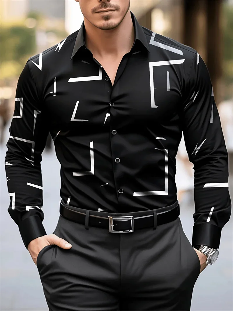 

New Men's Fashionable Casual Long-sleeved Shirt 3D Printed Checkered Striped Top Simple Business Casual Lapel Shirt Outdoor Top