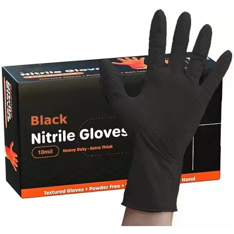 

8Mil Industrial Nitrile Disposable Gloves Black Heavy Duty Mechanic Gloves with Diamond Textured Automotive Work & Safety Gloves