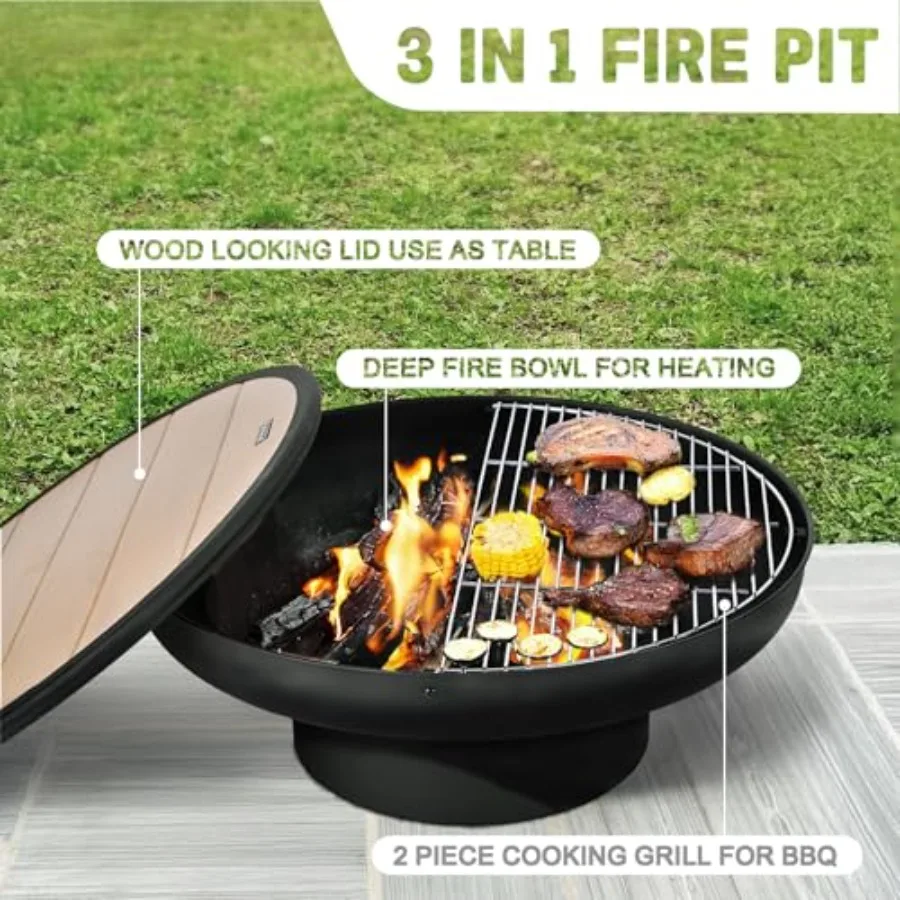 32 Inch Fire Pit for Outdoor Use, Steel Construction, Black Finish, Includes 2 Cooking Grills, Spark Screen and Poker