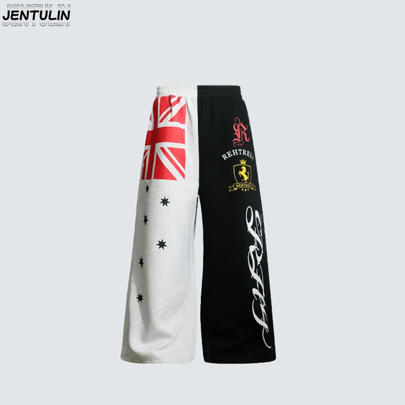 Y2k Harajuku American Splicing Rice Flag Printed Sweatpants Camouflage Contrasting Badge Letters High Street Casual Pants Unisex