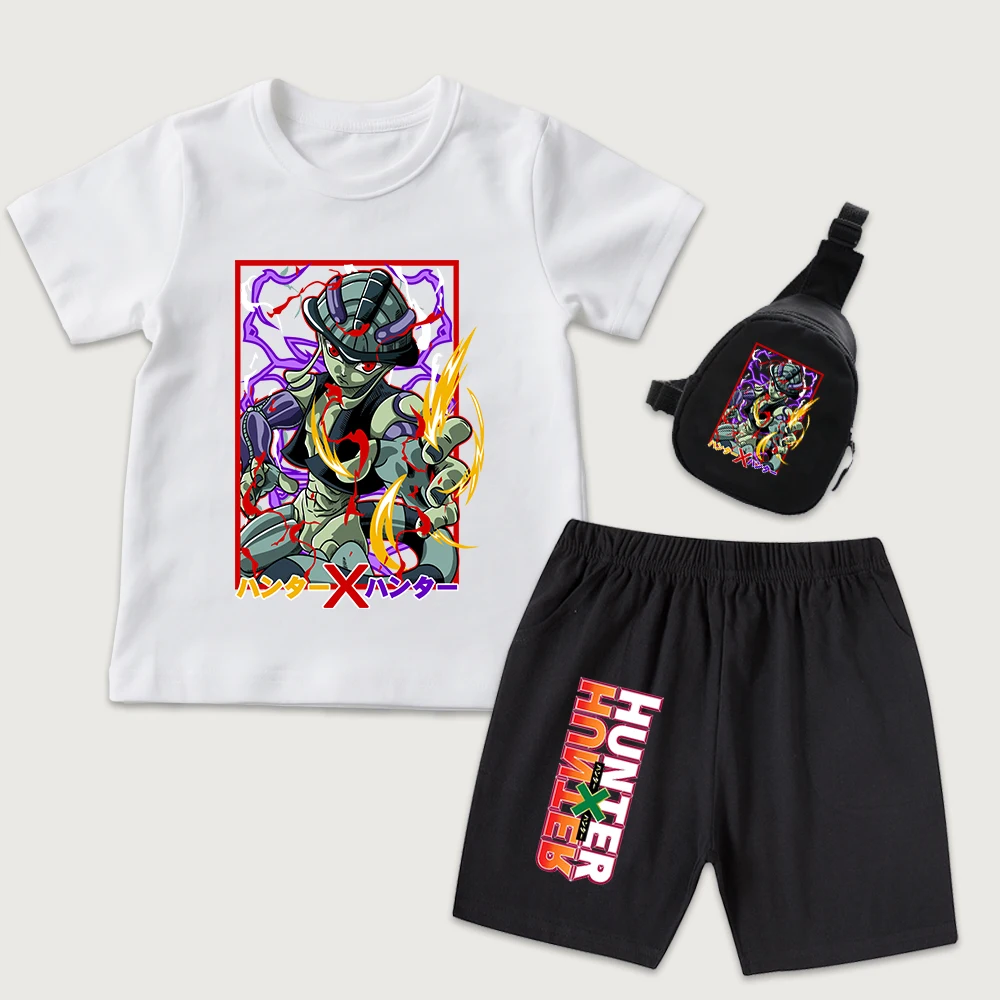Hunter x Hunter Meruem Anime Print Kids Cotton T Shirt Shorts Mini Chest Bag 3 Piece Set for Boys Girls Casual Summer Outfit