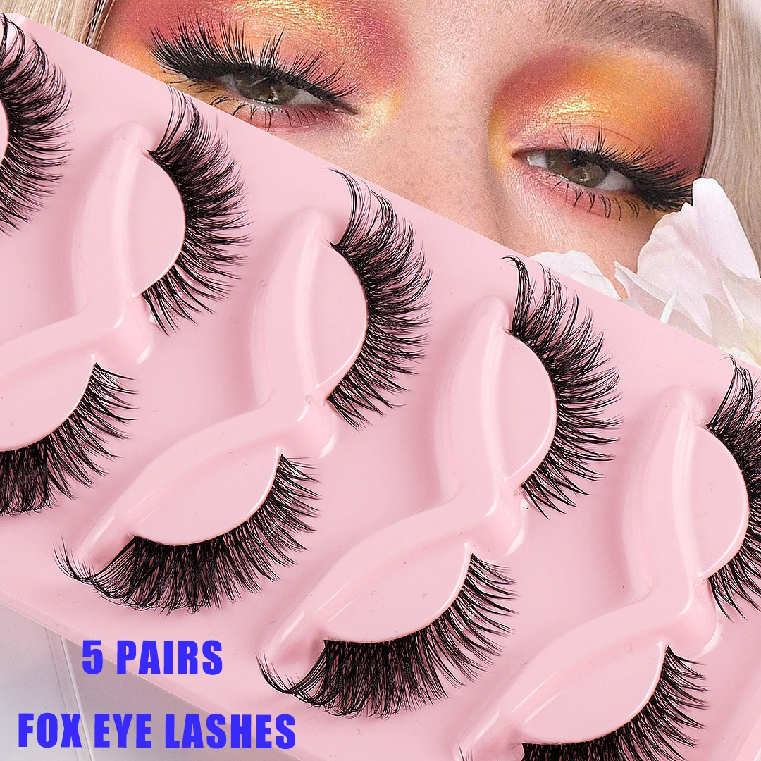 Handmade Strip Lashes para Maquiagem, Cílios Falsos Fofos, Faux Mink, Fox Eye Natural Look, Metade Cílios Postiços, Olho de Gato, 5 Pares