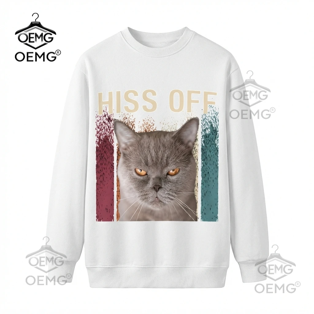 

Мужской комфортный свитшот с круглым вырезом и игривым принтом с изображением кошки, бело-серый, для повседневного уличного стиля