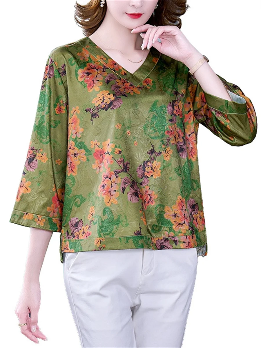 

5XL Loos Women Spring Summer Blouses Shirts Lady Fashion Casual Half Sleeve V-Neck Collar Vintage Print Blusas Tops CT0417