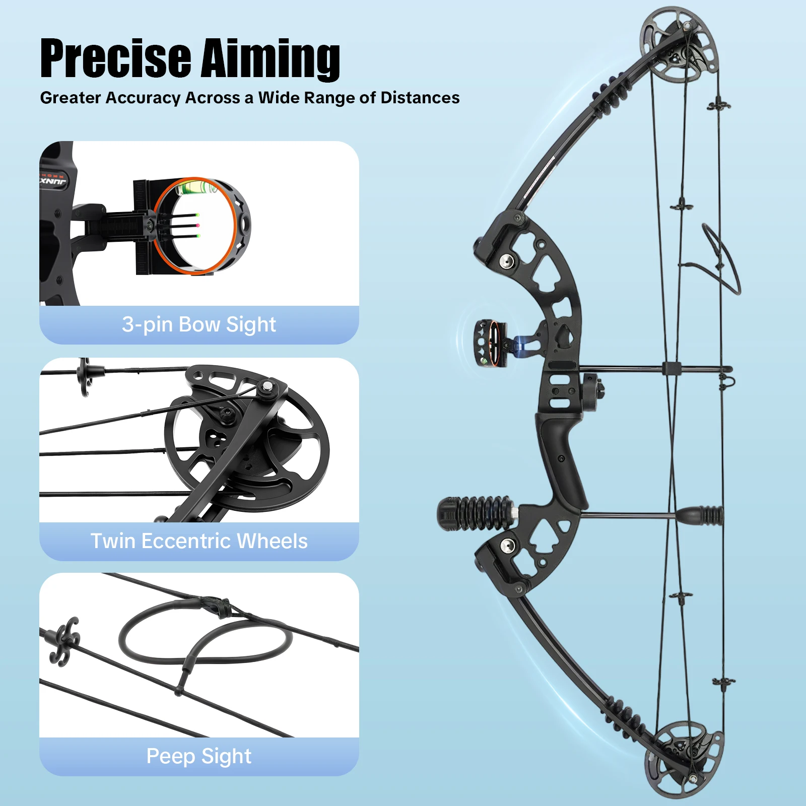 Compound Bow for Adults Right Hand Bow and Arrow Support Hunting Kit: 3 Pin Lighted Sight/Rest/Quiver/String Stop/Stabilizer/Shock Absorption/Allen Tool/Draw Weight and Cams Fully Adjustable