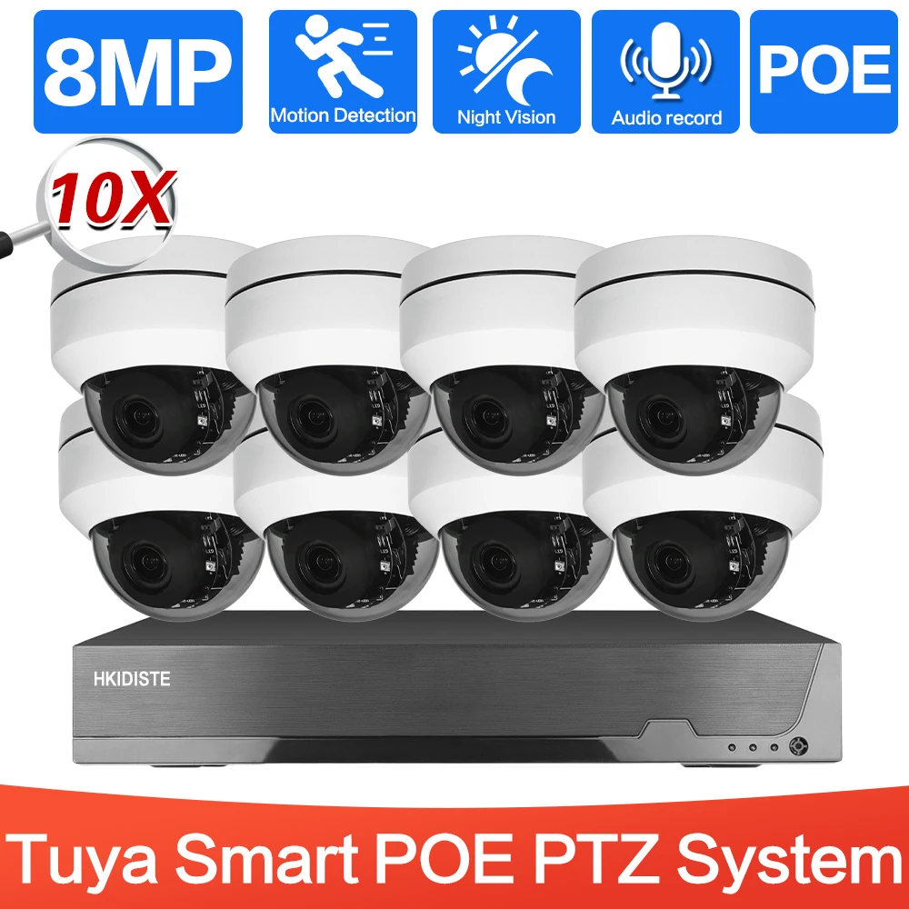 

Купольная камера с 10-кратным зумом 4K POE Система безопасности Tuya 8CH 8MP POE NVR Комплект аудио для дома CCTV POE IP Купольная камера Комплект видеонаблюдения