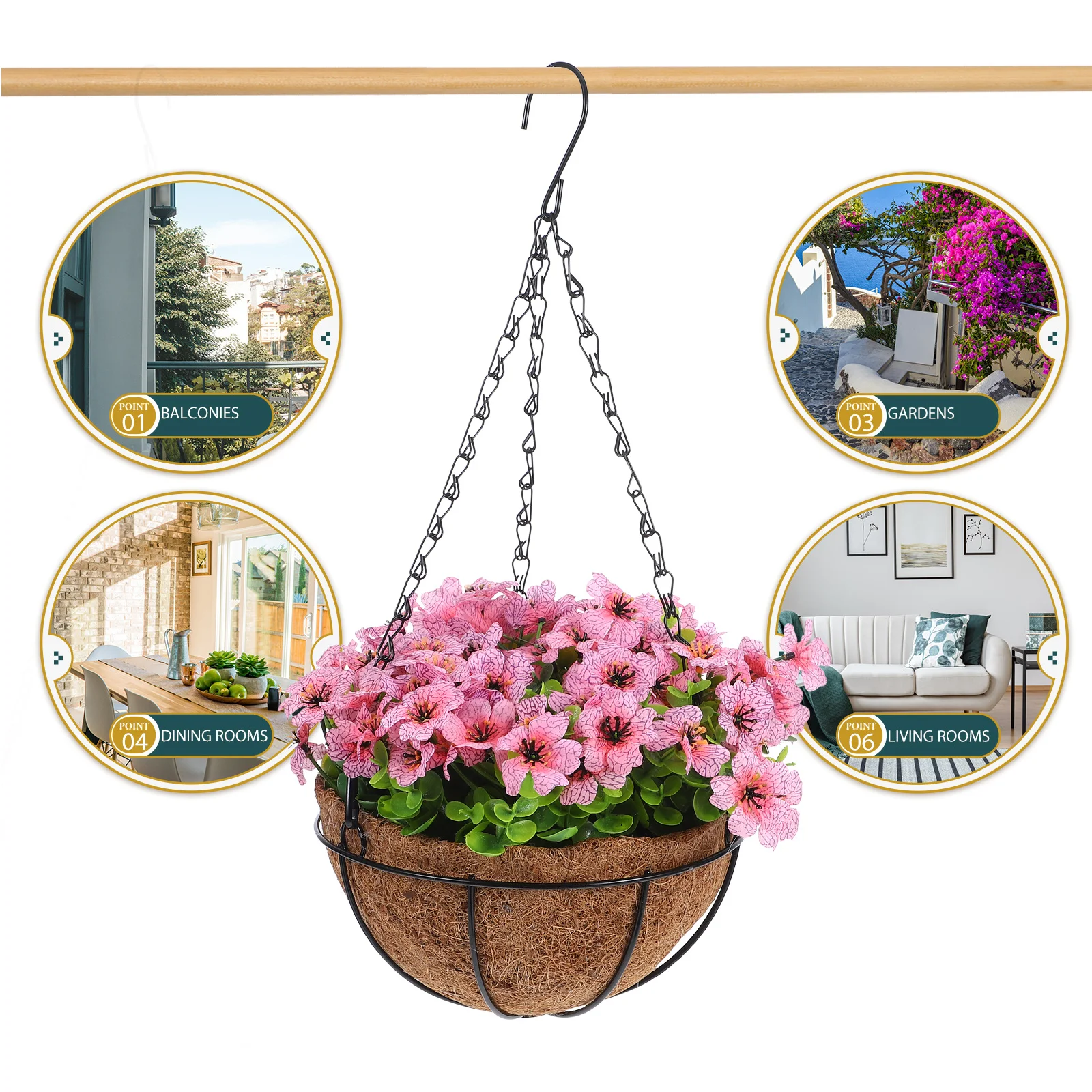 

Hanging Flower Basket Coconut Fiber Faux Flowers Home Office Garden Decor Artificial Hanging Planter Outdoor Yard Decoration