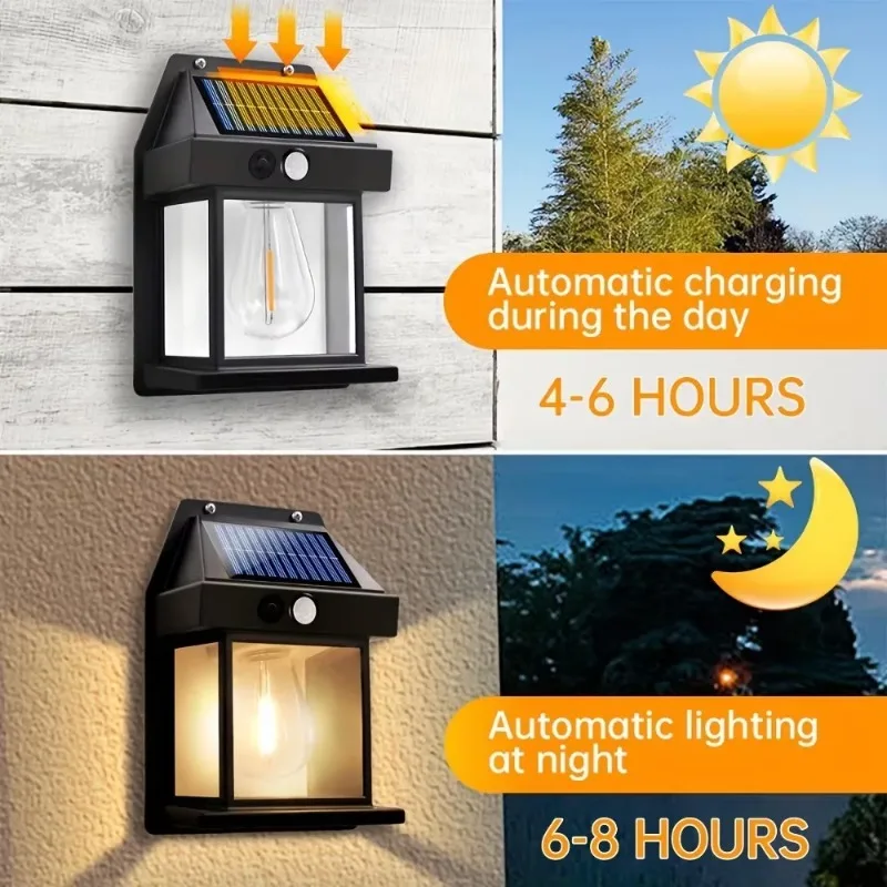 Solar Wall Lights Outdoor Tungsten Waterproof Wireless Motion Sensor Security Lamps Dusk to Dawn Lighting for Garden Landscape