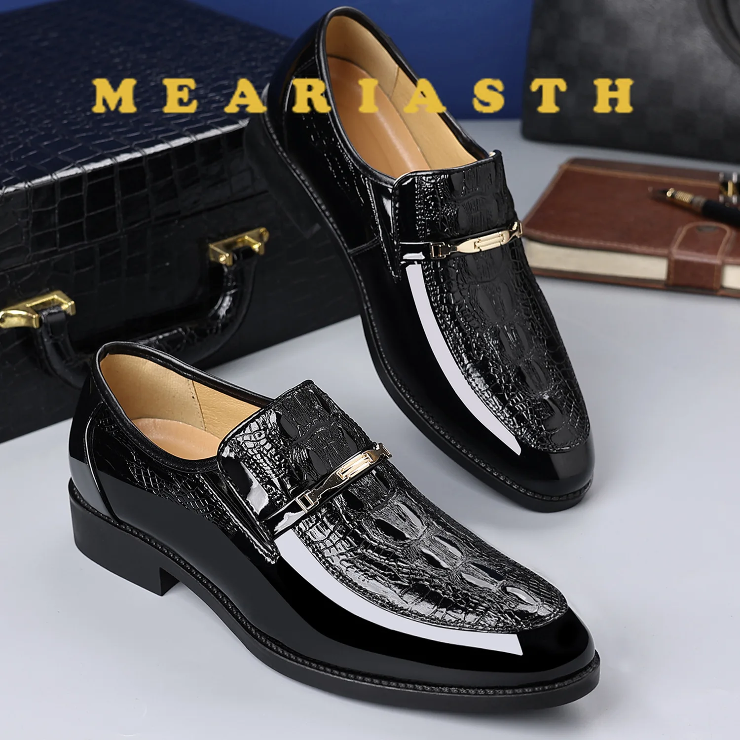 

Trendy Pointed Toe Men's Casual Shoes Fashionable Crocodile Pattern Slip-On Genuine Leather Comfortable Breathable for Summer