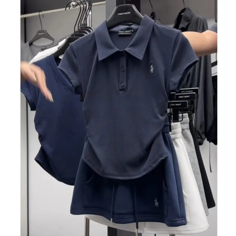

Embroidery Designer Casual Skirts Sets Turn Down Collar Slim Crop Tops Drawstring Mini Short Skirts Sporty Two-Piece Suits Women